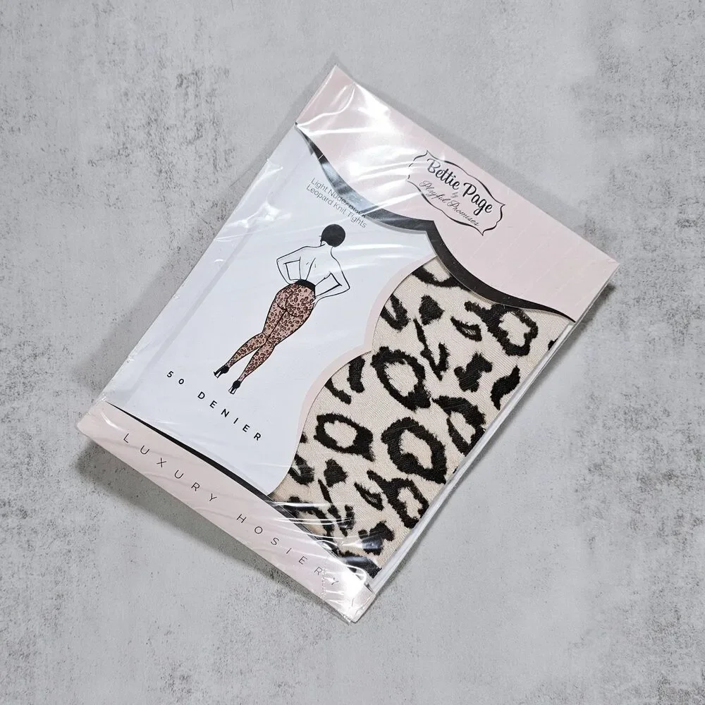 Playful Promises X Bettie Page Knit Tights with Leopard Print, Nude/Black, M